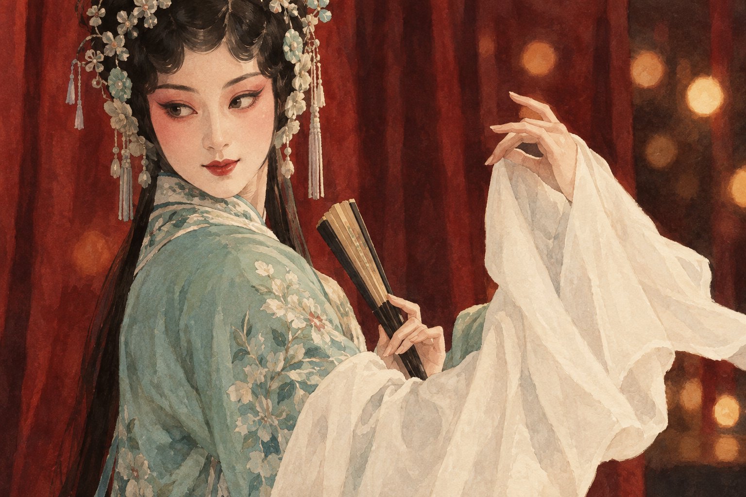 原创戏曲旦角侧身回望,手持折扇并提起白色水袖,展示眼神与身段的呼应,主题插画