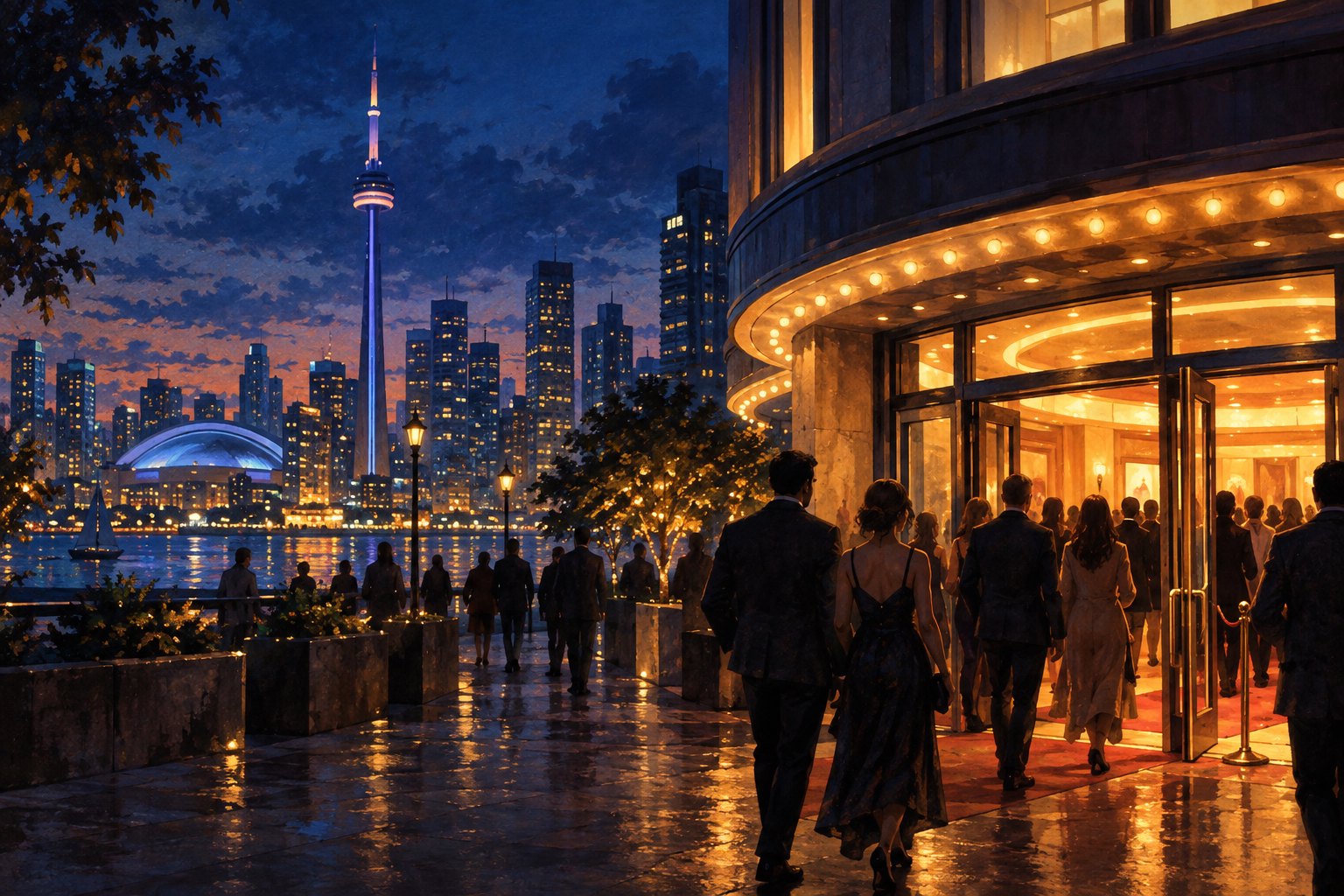 Editorial illustration of moviegoers entering a warmly lit cinema beneath Toronto’s evening skyline.
