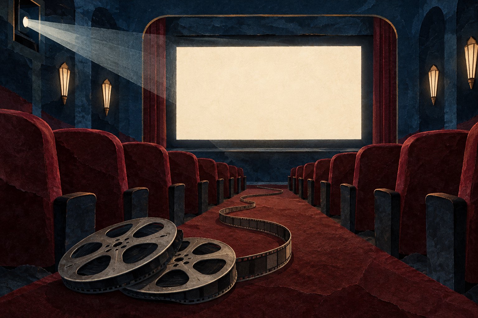 Paper-collage illustration of an empty movie theater with burgundy seats, a blank illuminated screen, and two film reels in the aisle.