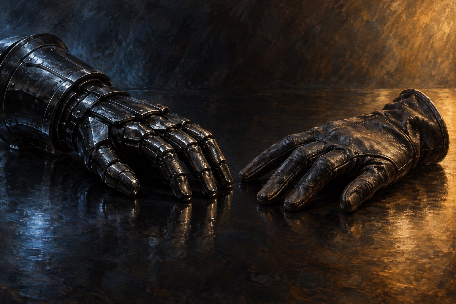 Symbolic illustration of an armored gauntlet and a worn leather glove facing each other under cool and warm light.