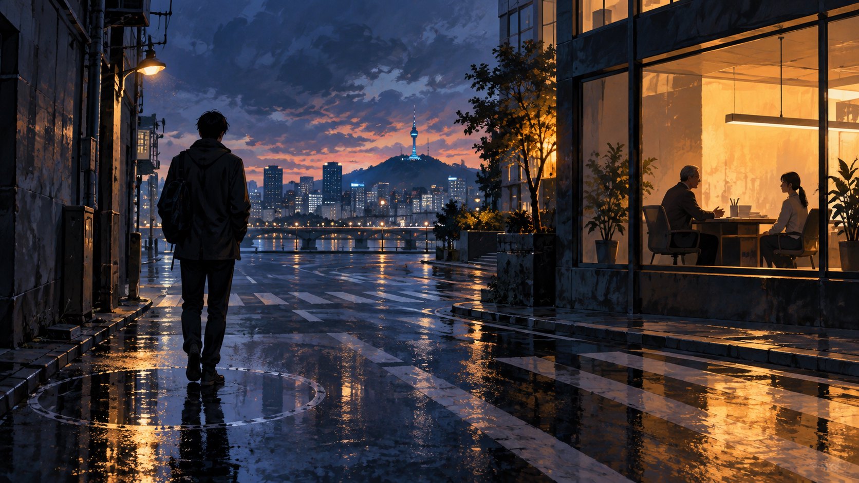 原創概念插畫：雨後街道上的青年背影，與暖光辦公室內交談的兩個世代，呼應重新開始的人生課題，非電影劇照。