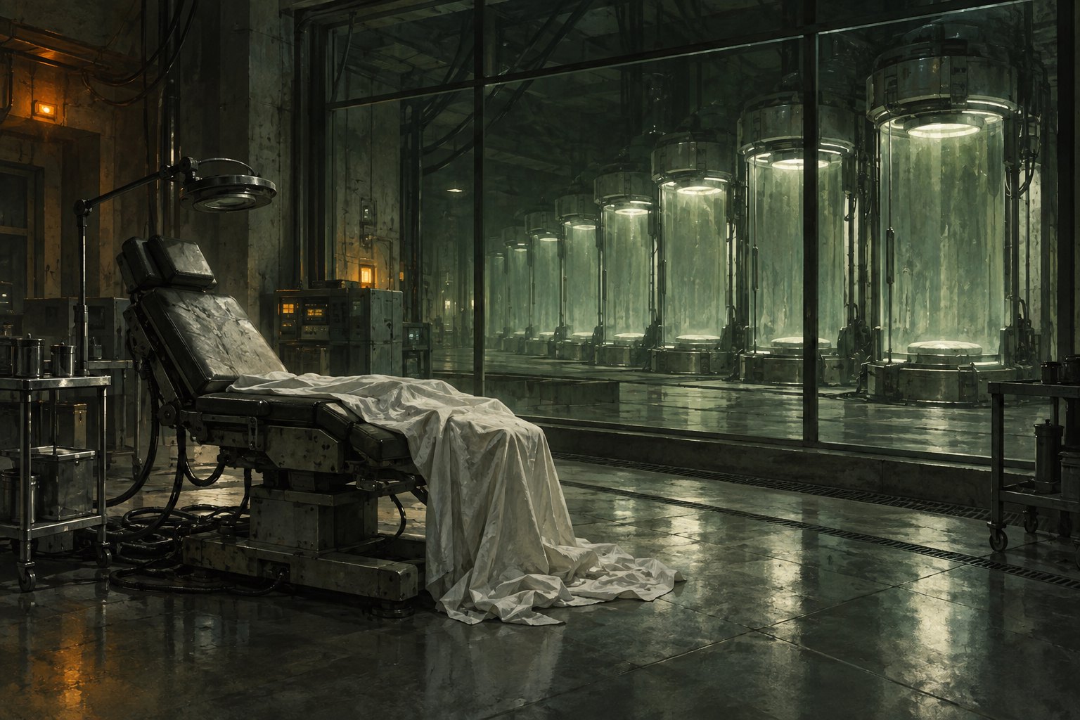 Original thematic illustration of an abandoned examination chair beside empty glass chambers in a dim biomedical laboratory.
