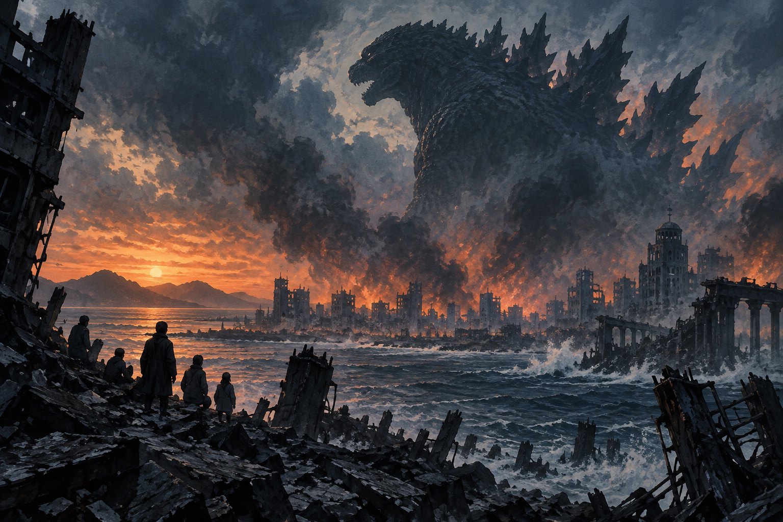 Concept illustration of a towering reptilian monster looming over a ruined coastal city as small human silhouettes watch.