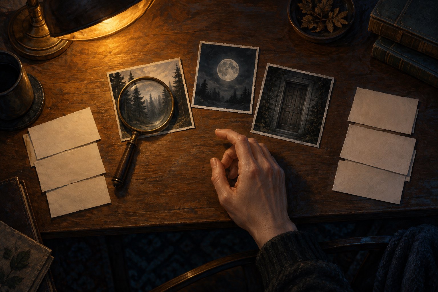 Conceptual illustration of a hand, magnifying glass, and three photographs arranged on a lamplit desk.