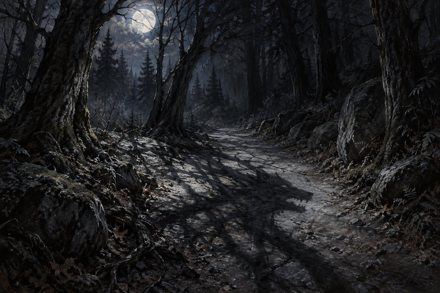 Conceptual illustration of a moonlit forest path crossed by a wolf-shaped shadow.
