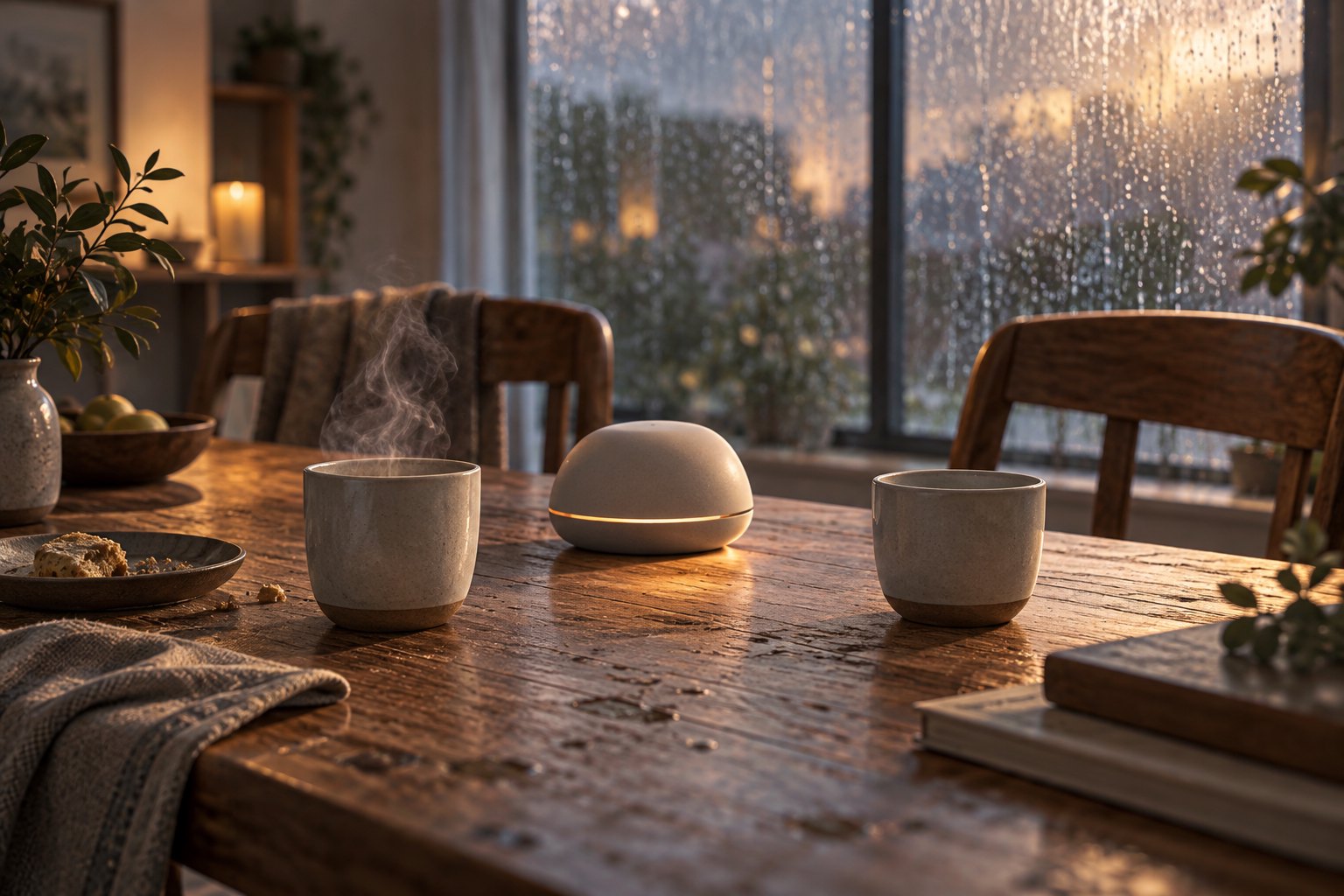 雨窗前的木桌上摆着两只陶杯与智能装置，原创生活科幻概念配图，非影片剧照