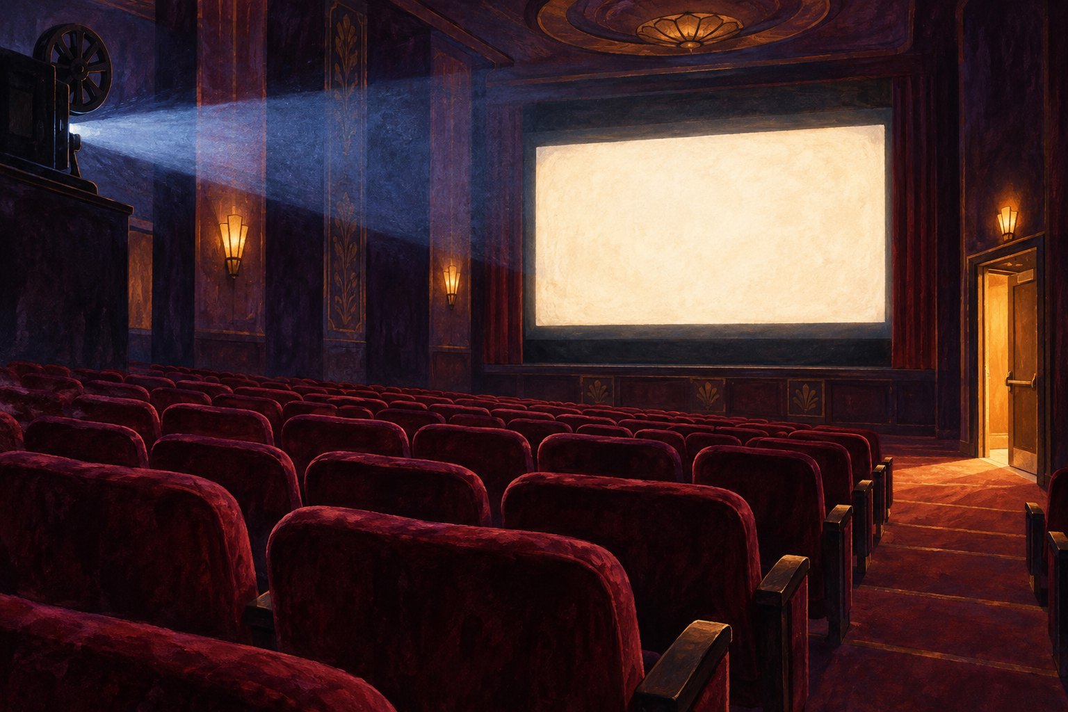 Original illustration of an empty cinema with burgundy seats, a glowing blank screen, and warm light spilling through a doorway.