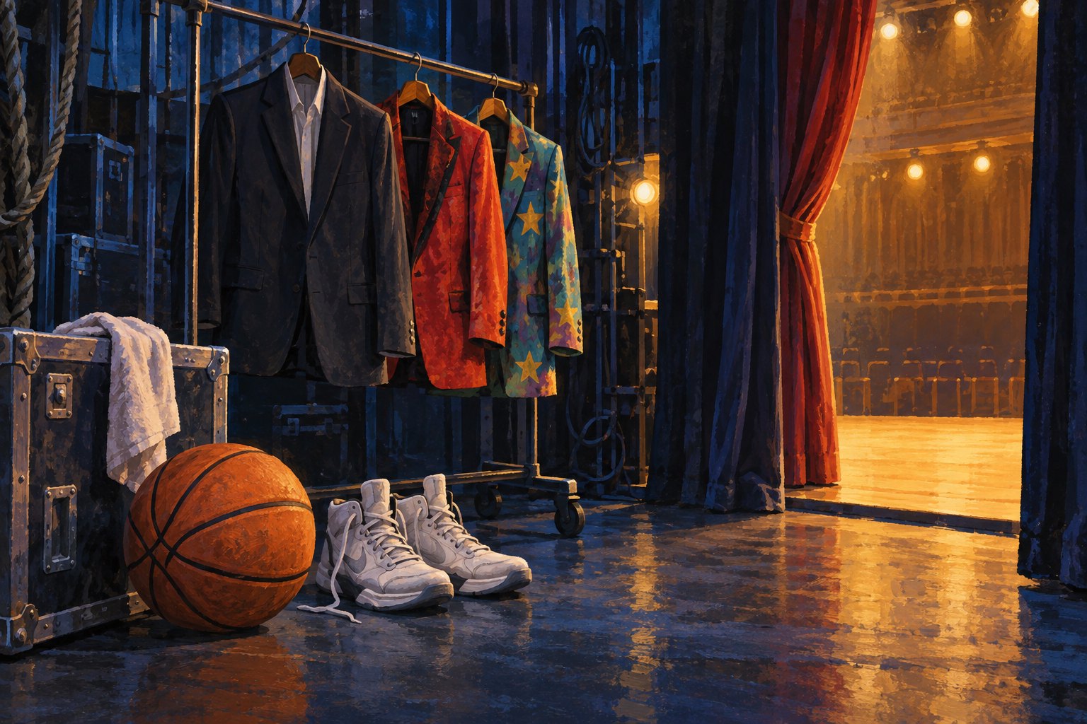 Conceptual backstage illustration of a basketball and sneakers beneath theatrical costumes beside a warmly lit stage.