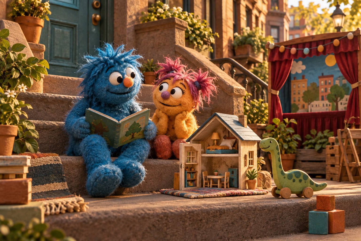 Conceptual illustration of felt creatures beside a miniature neighborhood stoop, a dollhouse, and a wooden dinosaur.