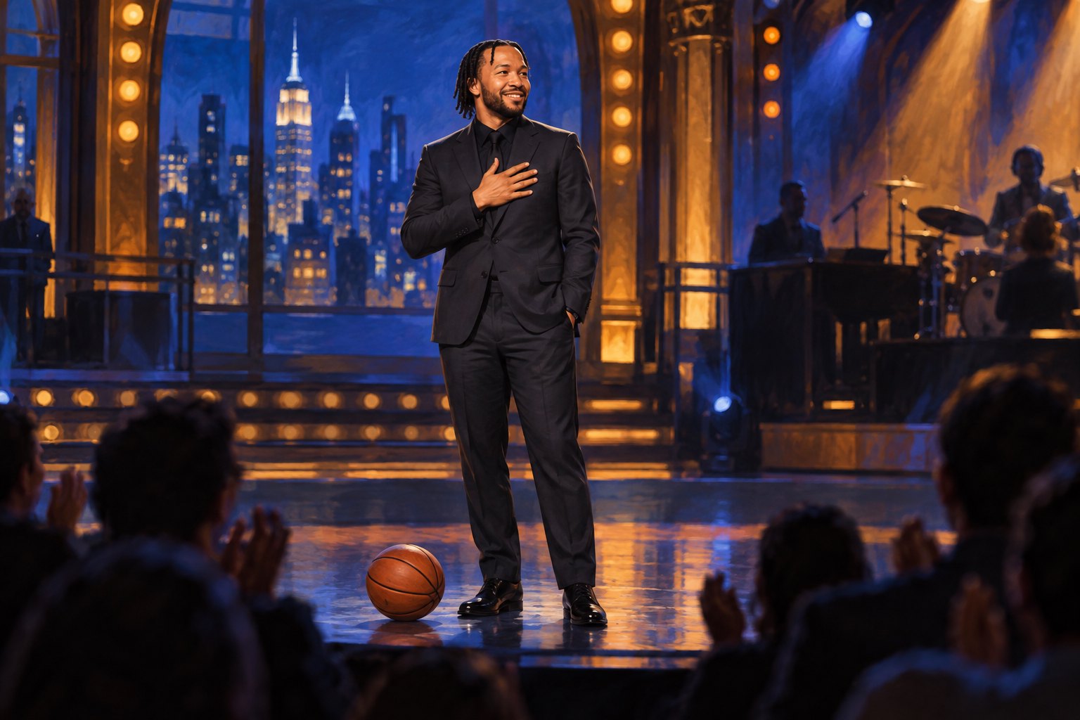 Editorial illustration of Jalen Brunson in a dark suit on a blue-and-gold comedy stage with a basketball at his feet.