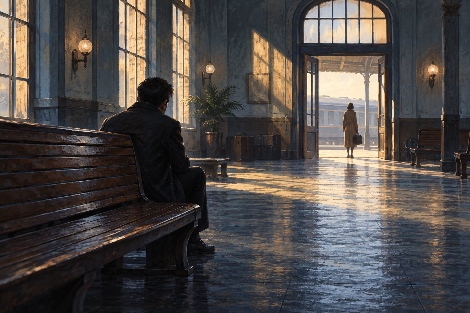 Conceptual illustration of two travelers separated by a wooden bench and a sunlit doorway in an old station waiting room.