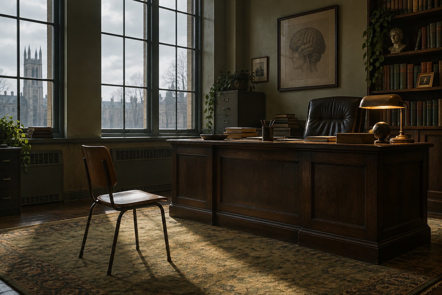 Conceptual illustration of an empty university psychology office with a large professor’s desk facing a small student chair.