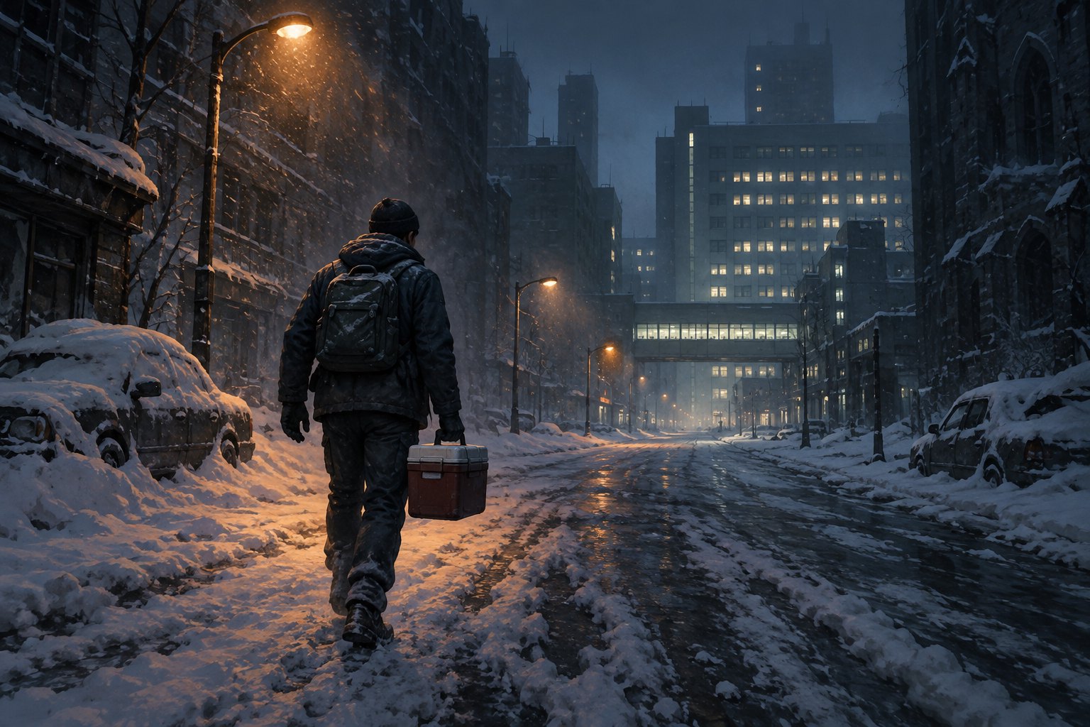 Conceptual illustration of a lone medical courier carrying a cooler through a snowbound city street at night.