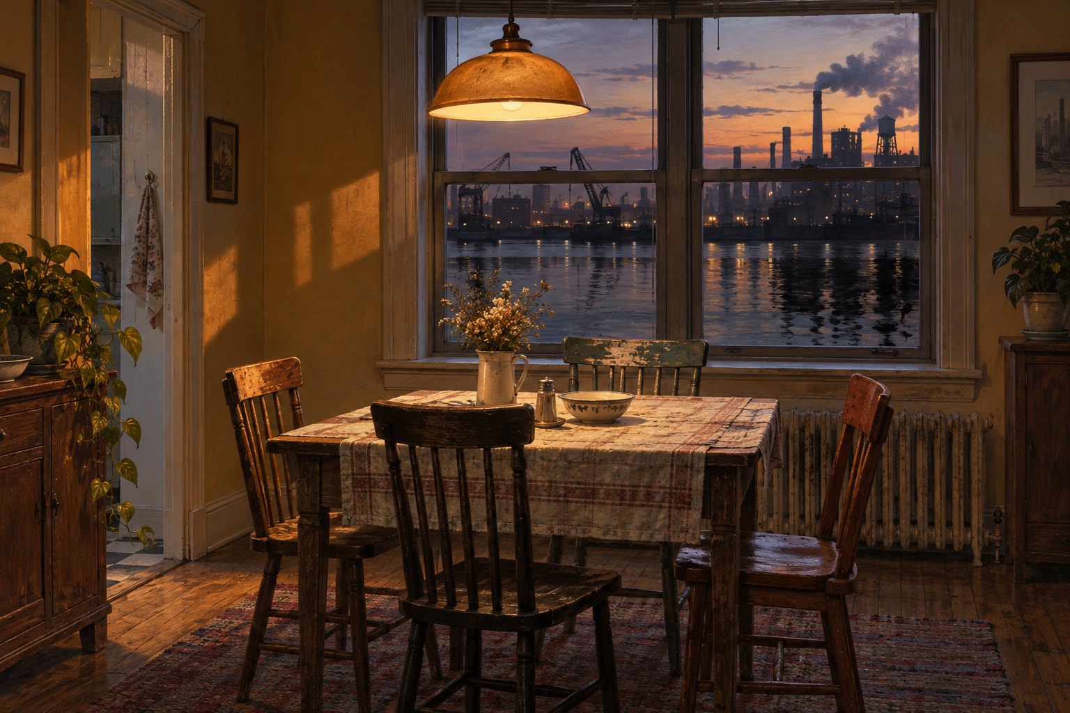 Conceptual illustration of an empty family dining room overlooking an industrial waterfront at dusk.
