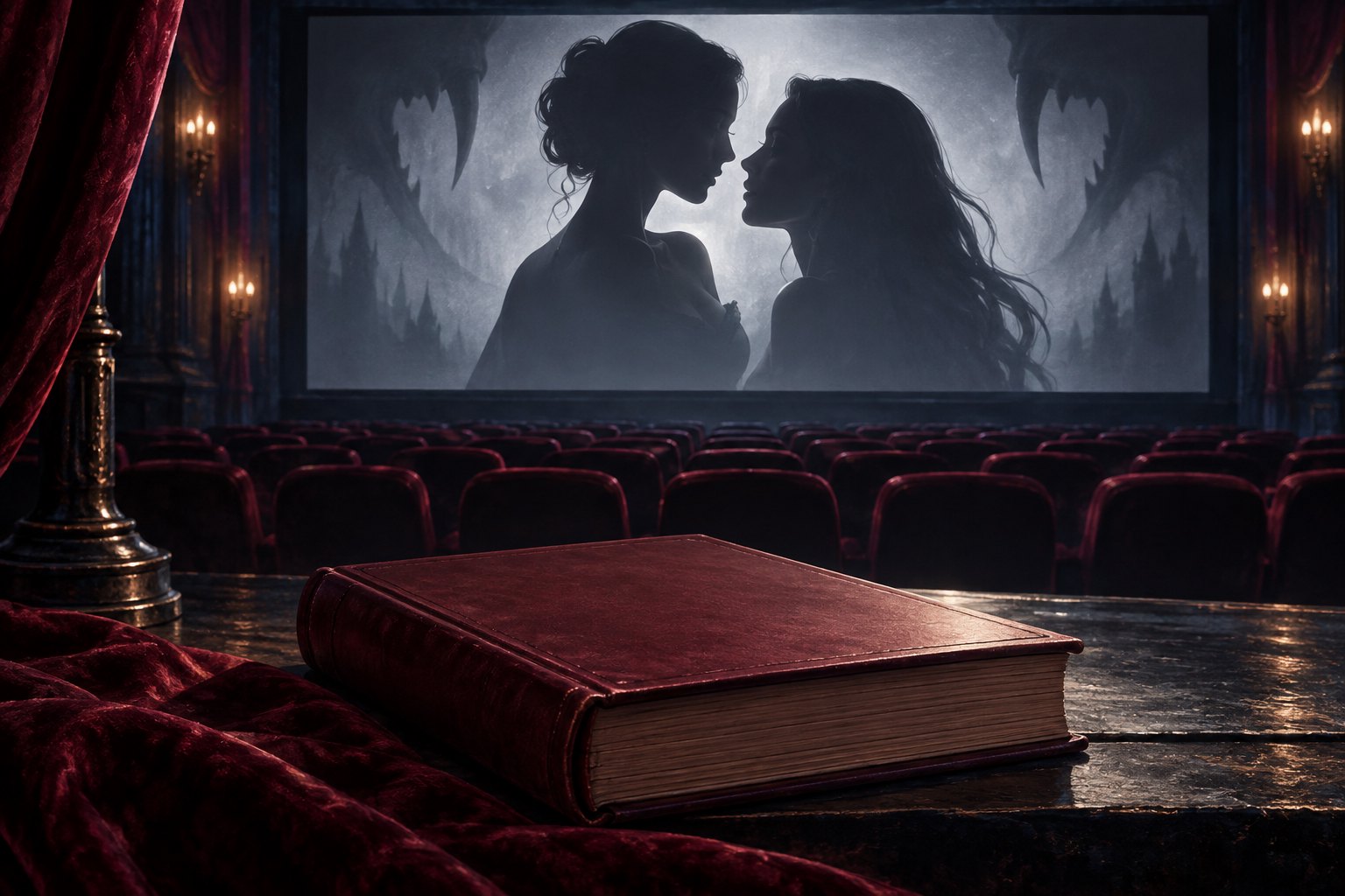 Conceptual illustration of a burgundy book before an empty cinema screen showing two women in silhouette and looming vampire fangs.