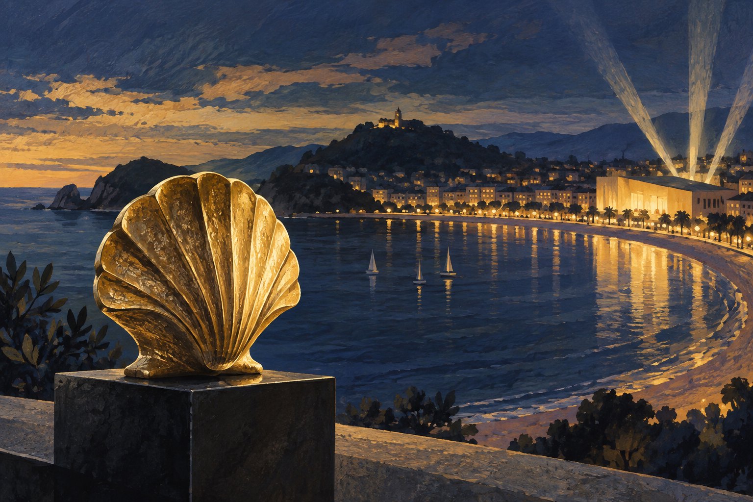 Conceptual illustration of a golden seashell sculpture overlooking a coastal bay illuminated by cinema lights.