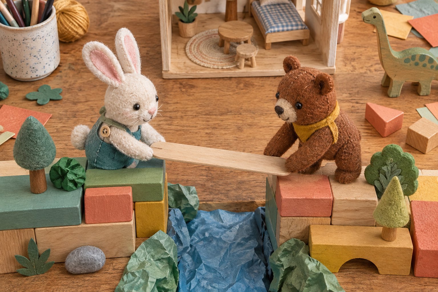 A felt rabbit and bear place a wooden bridge between colorful blocks on a craft table beside a dollhouse and dinosaur toy.