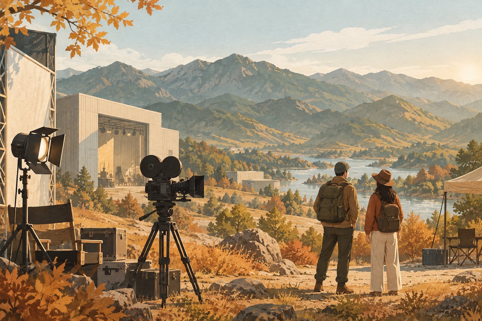 秋色山峦前的摄影机、棚景与背包旅行者,电影主题旅行概念插画