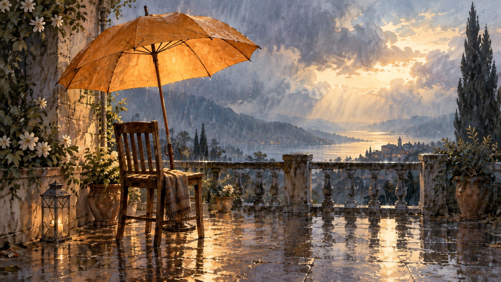 雨中的暖黃色傘遮護著空木椅,以原創概念插畫象徵親人留下的照顧與思念