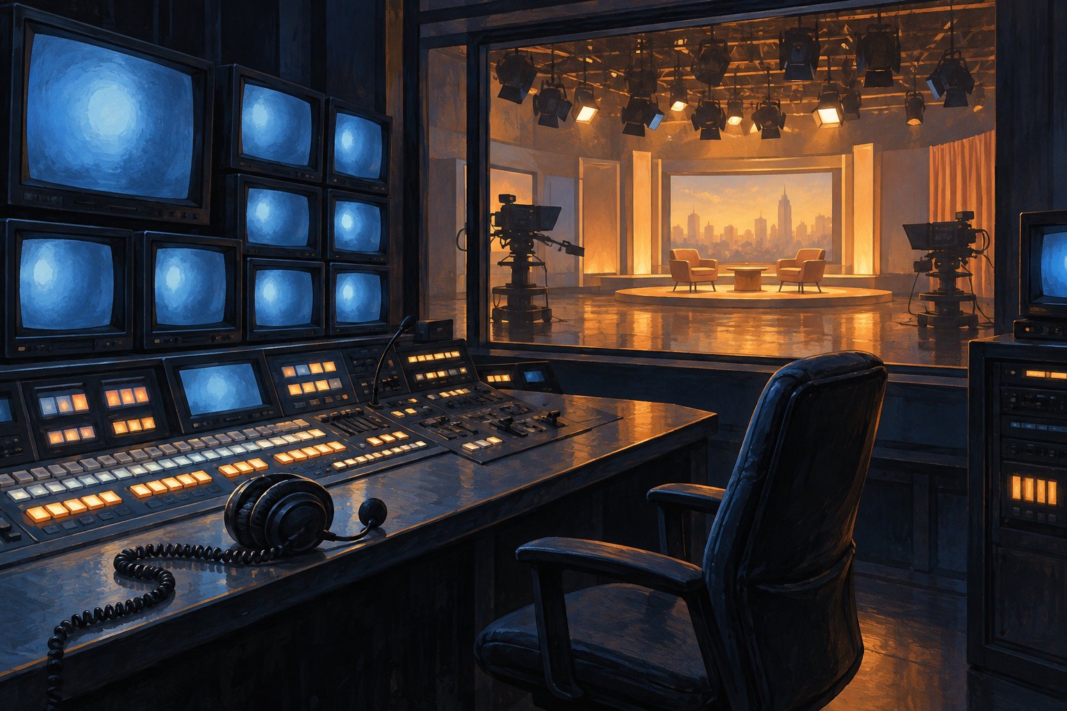 Conceptual illustration of an empty television control room with blue monitors overlooking a warmly lit studio.
