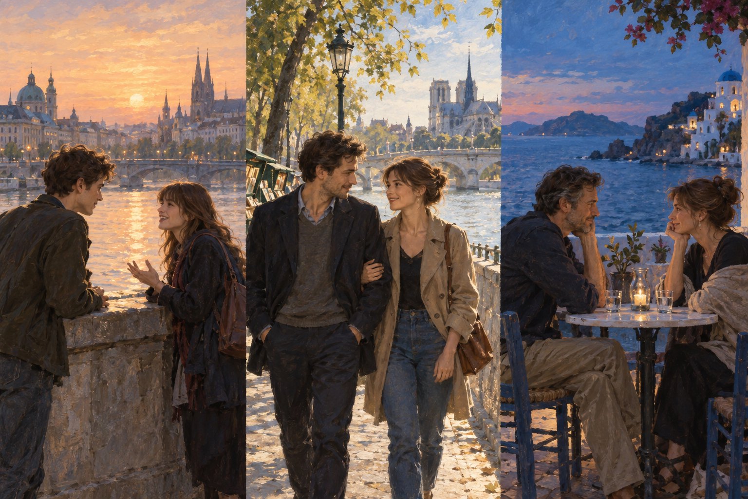 A painterly triptych shows a couple talking beside a river, walking through a European city, and sharing a seaside cafe table.