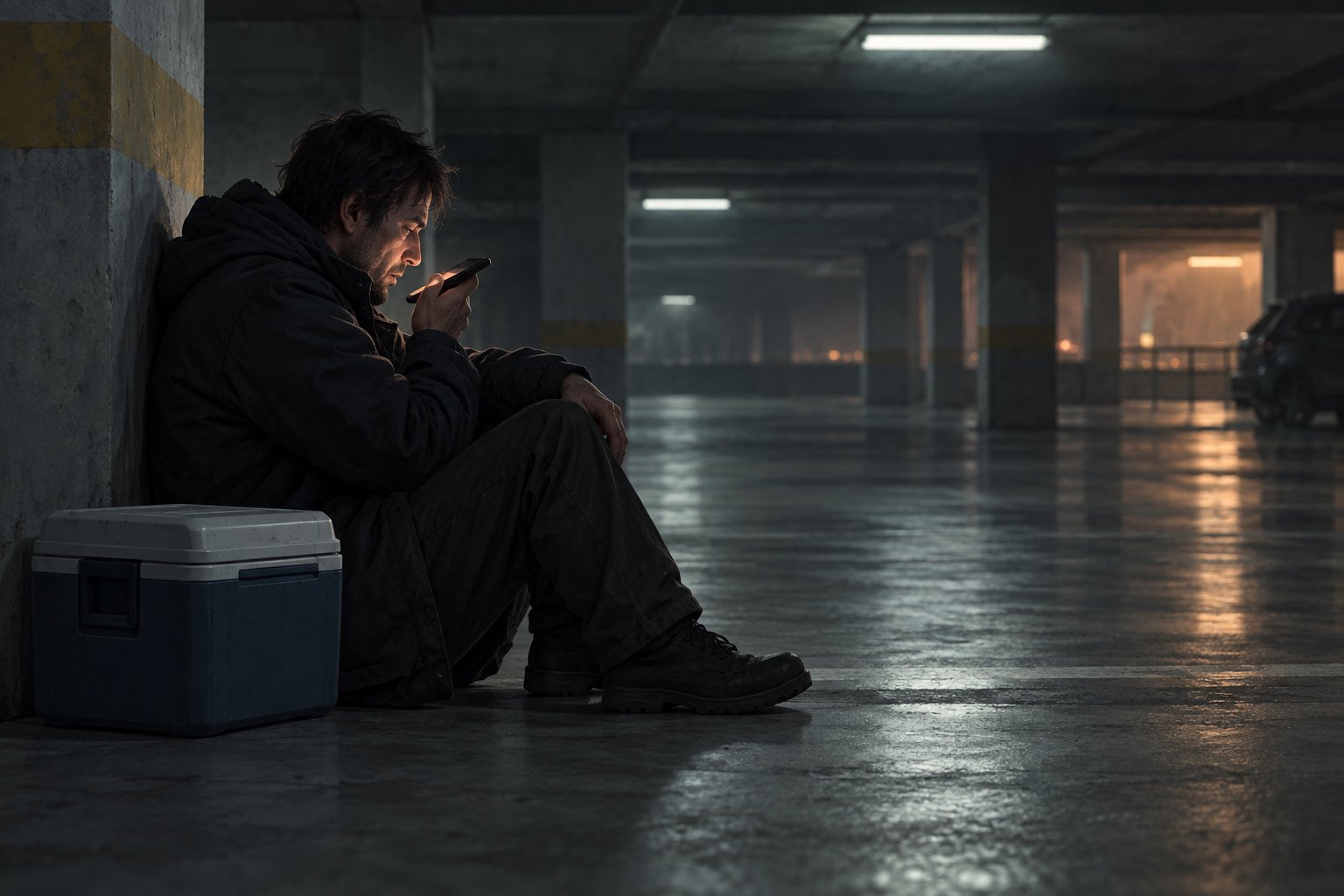 Conceptual illustration of an exhausted courier recording a phone message beside a medical cooler in a dim parking garage.
