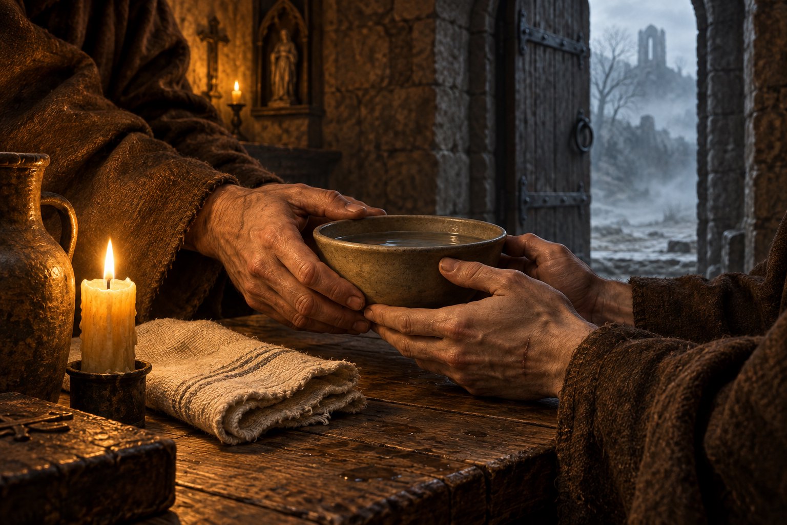Conceptual illustration of robed hands sharing a bowl of water beside candlelight and an open monastery doorway.