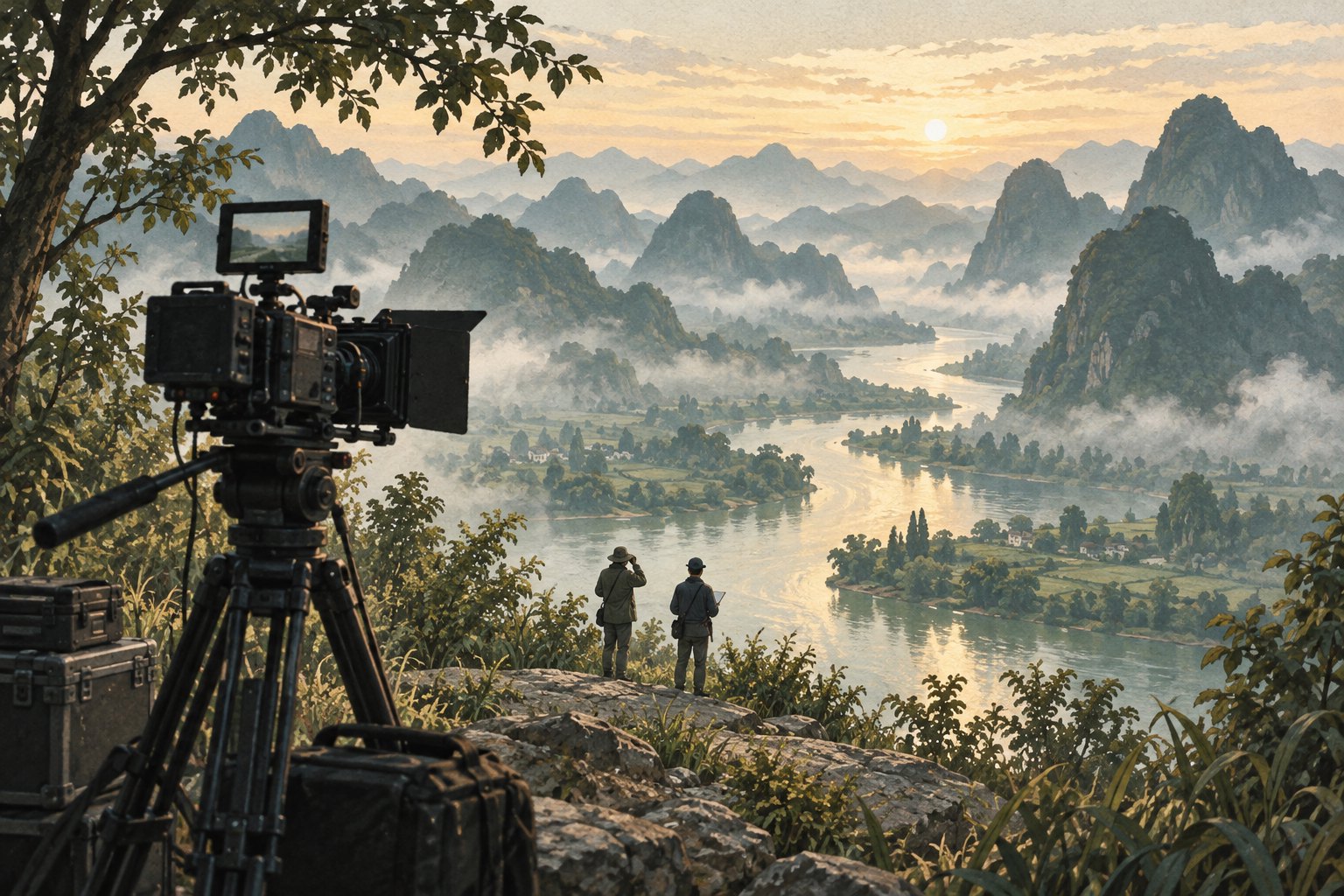 山水外景选址主题插画:摄影机与两名勘景人员面向晨雾中的群山河流,非实际拍摄现场