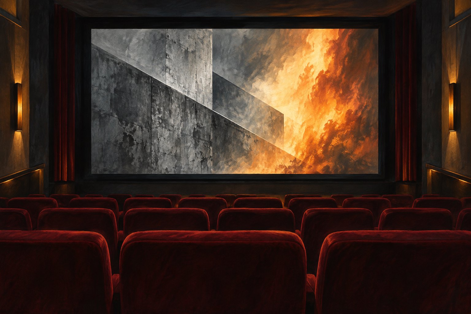 Painterly illustration of an empty cinema with red seats facing a screen filled with gray concrete forms and amber flames.