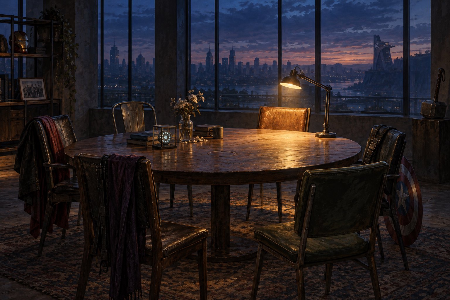 Symbolic illustration of six empty chairs around a wooden table, with Avengers equipment and a warm lamp against a twilight skyline.