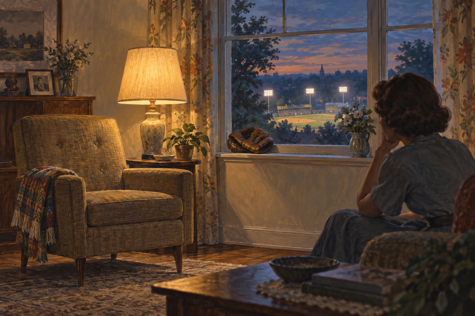 Conceptual illustration of a woman beside an empty armchair in a warmly lit living room, with a baseball glove on the windowsill and a distant ballpark.