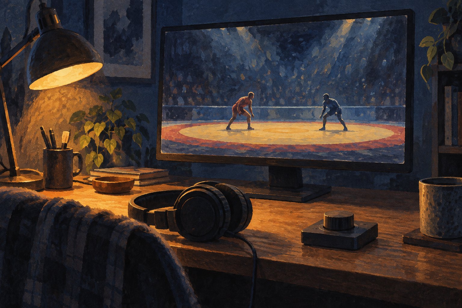 Conceptual illustration of a viewing desk with headphones and a monitor showing two wrestlers in a ring.