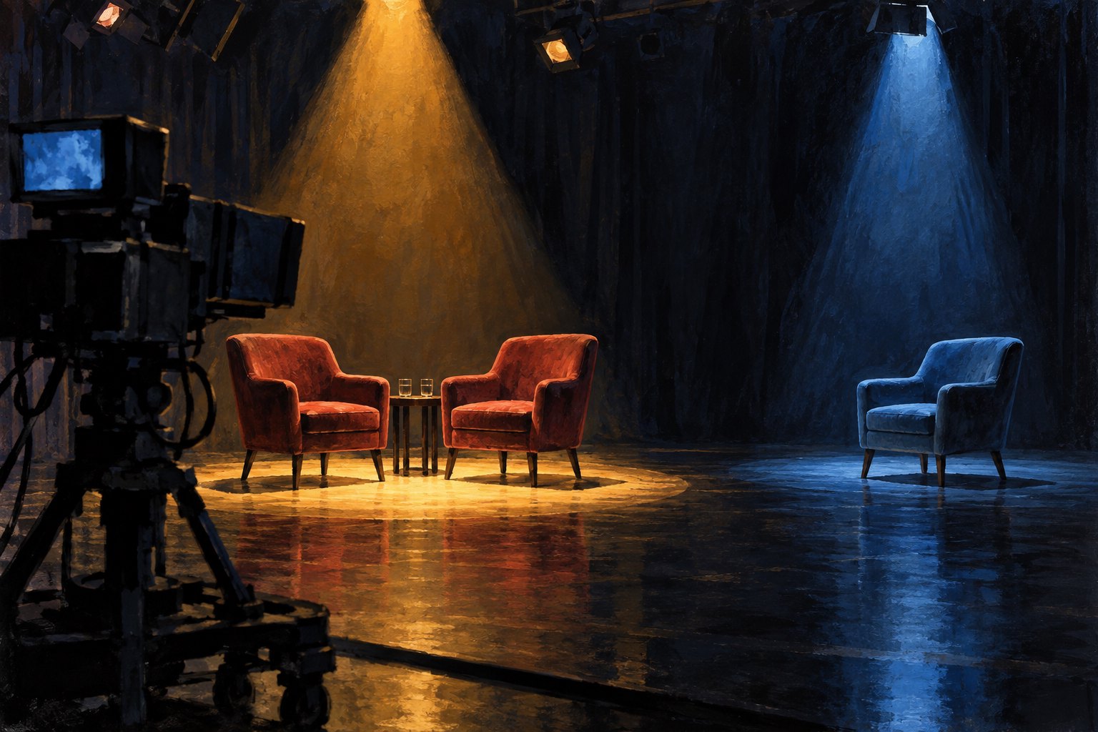 Conceptual illustration of two chairs sharing a warm spotlight and a third chair under blue light, with a television camera in the foreground.