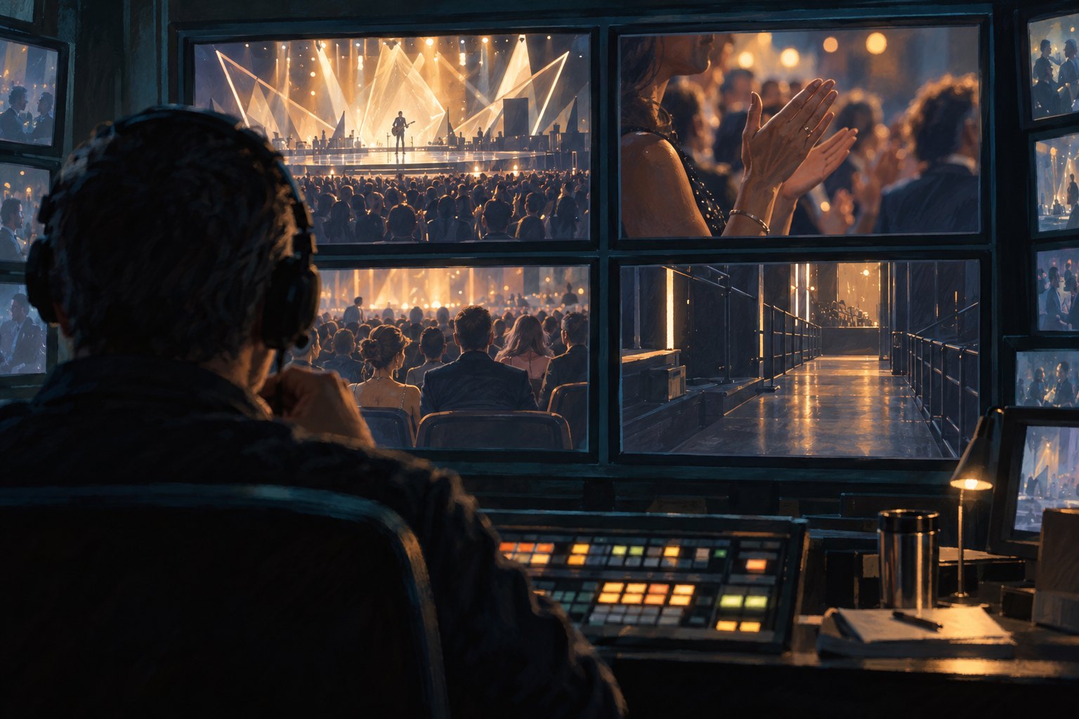 Conceptual illustration of a broadcast director watching monitors showing a stage, applause, seated guests, and an empty aisle.