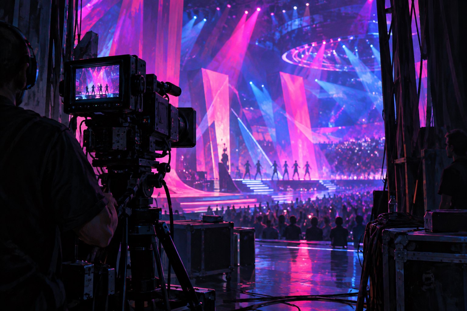 Conceptual illustration of a television camera in the wings of a music awards stage illuminated by pink and blue lights.