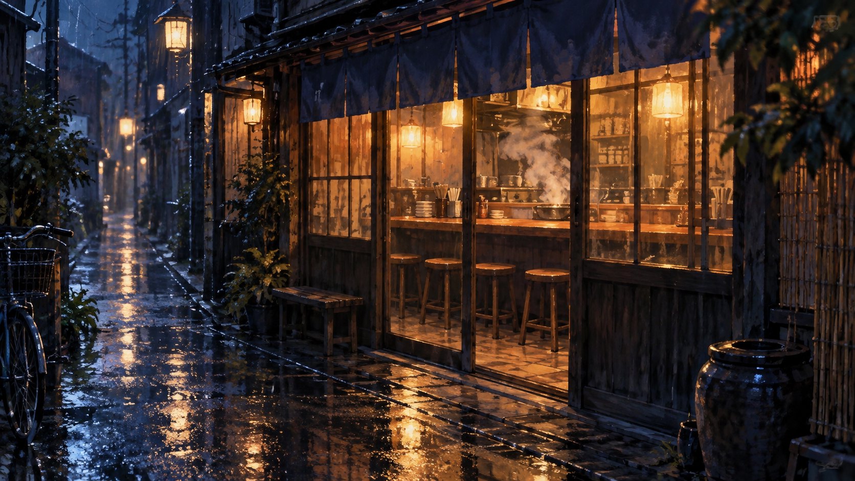 原創概念插畫:雨夜巷弄裡的小食堂透出暖光,木製座位靜候來客