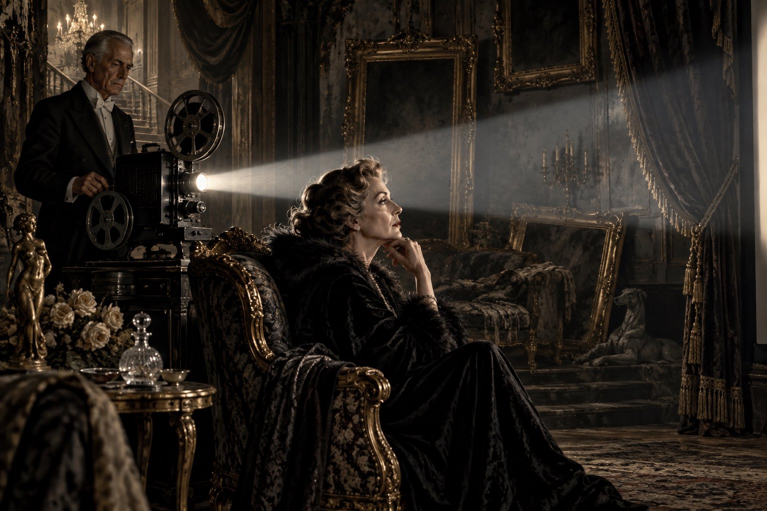 Illustration of an aging actress watching a private screening in an ornate mansion while an older butler operates the projector.