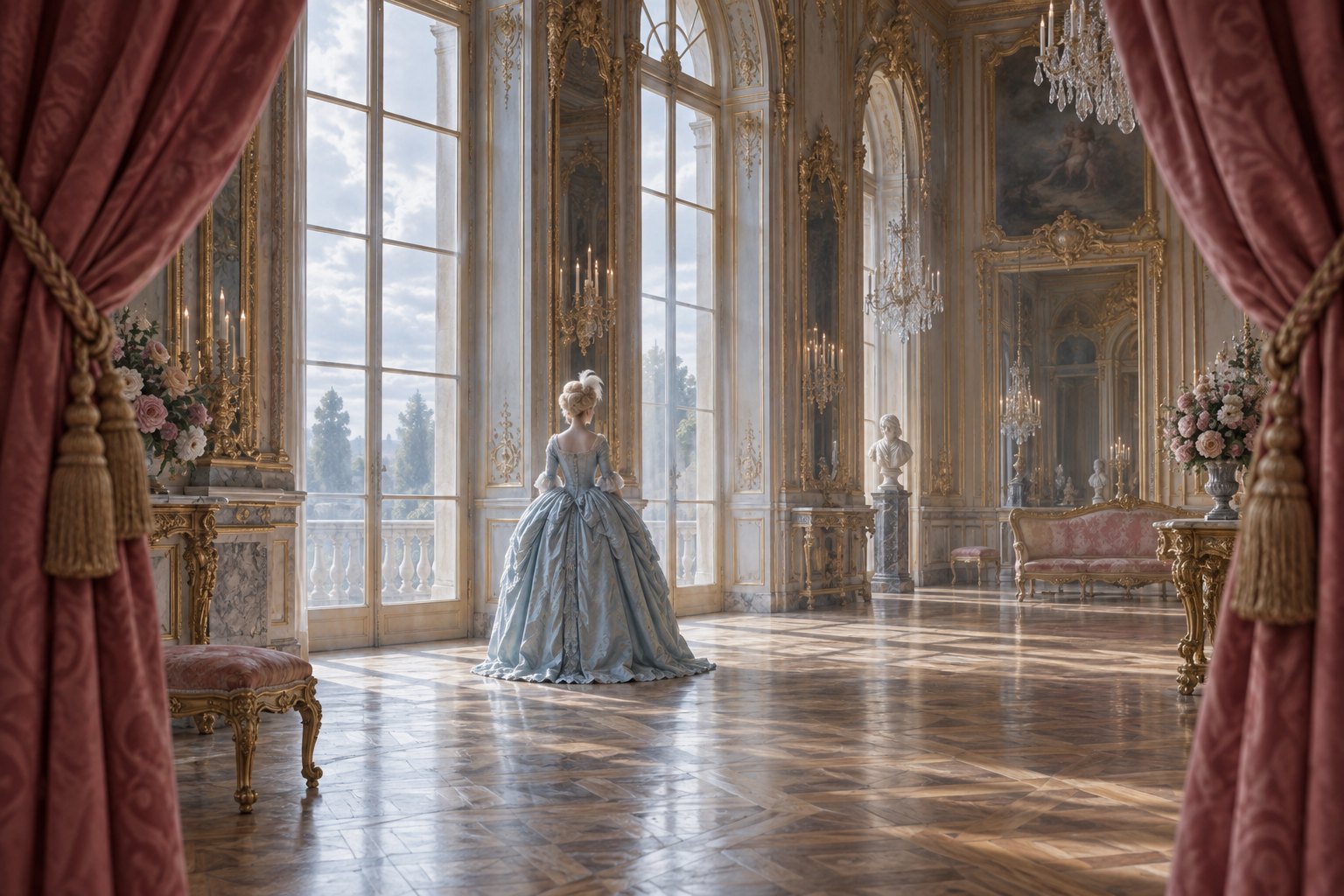 Original illustration of a solitary queen in a pale blue gown standing in a gilded palace room framed by velvet curtains.