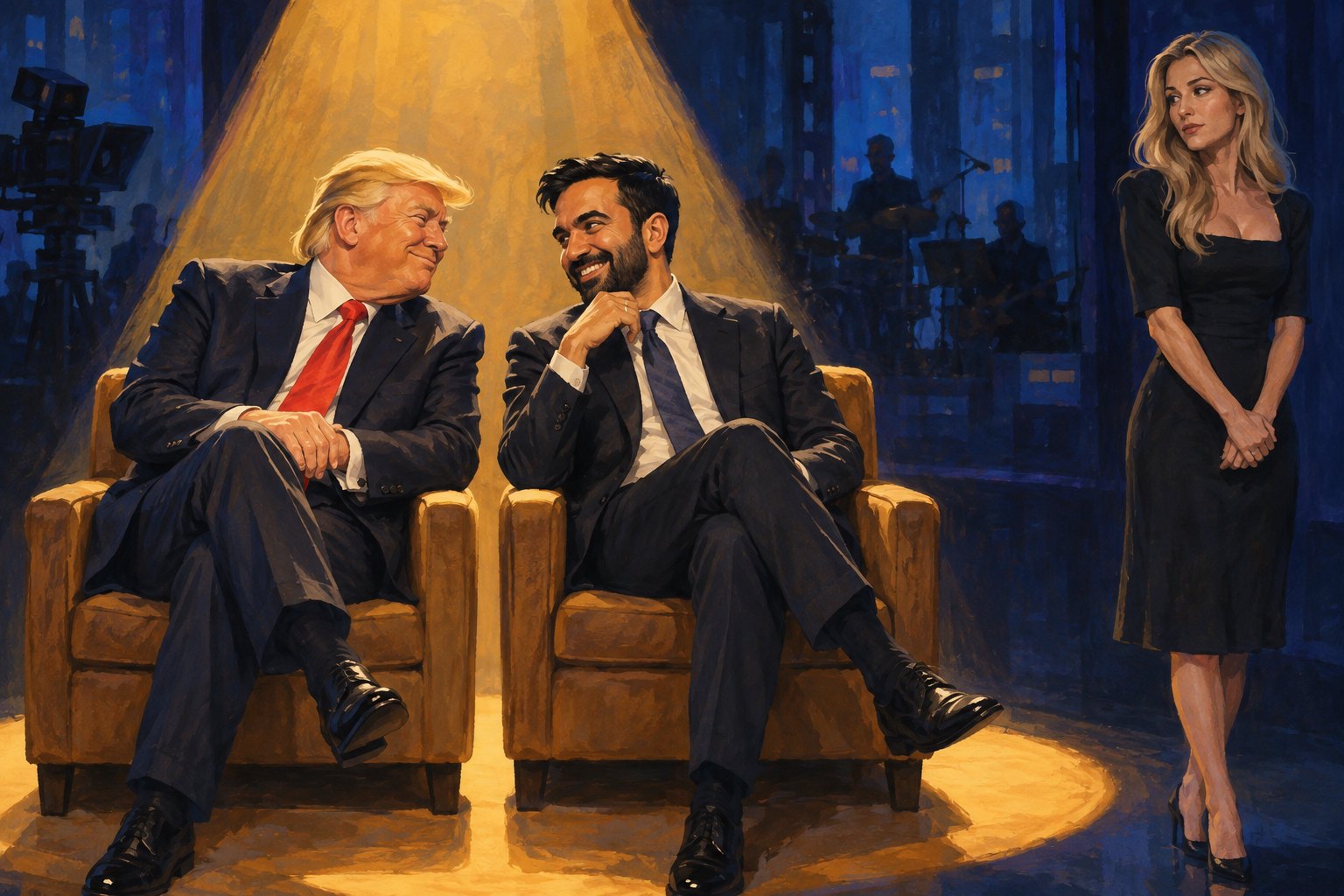 Conceptual illustration of Donald Trump and Zohran Mamdani smiling together under a spotlight while Natalie Harp stands apart.