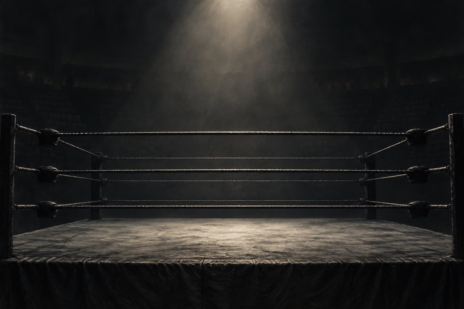 Editorial illustration of an empty wrestling ring beneath a spotlight in a dark arena.