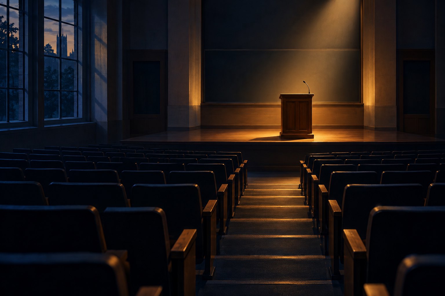 Conceptual illustration of an empty university lecture theater with an illuminated lectern surrounded by shadowed seats.