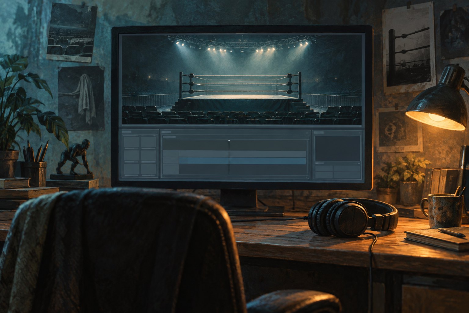 Painterly illustration of a video editing desk with an empty wrestling ring on the monitor and headphones beside a warm lamp.