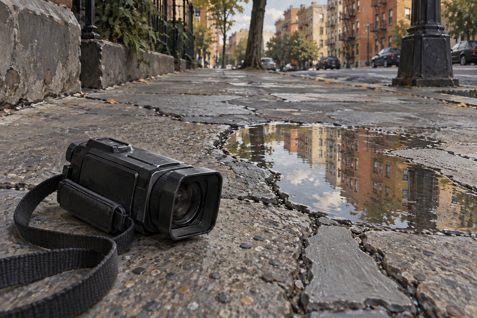Painterly illustration of a handheld camcorder beside a cracked city sidewalk and a puddle reflecting apartment buildings.