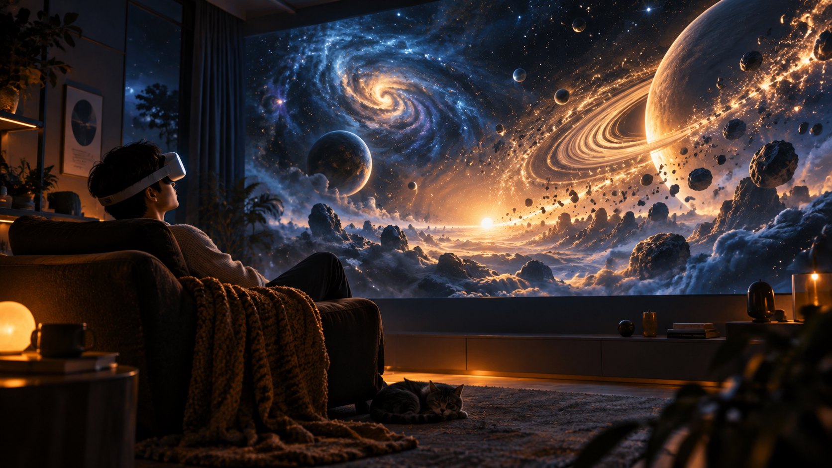 原創概念插畫:觀眾戴著虛構VR眼鏡坐在客廳,面前展開星空巨幕,非實際產品外觀。