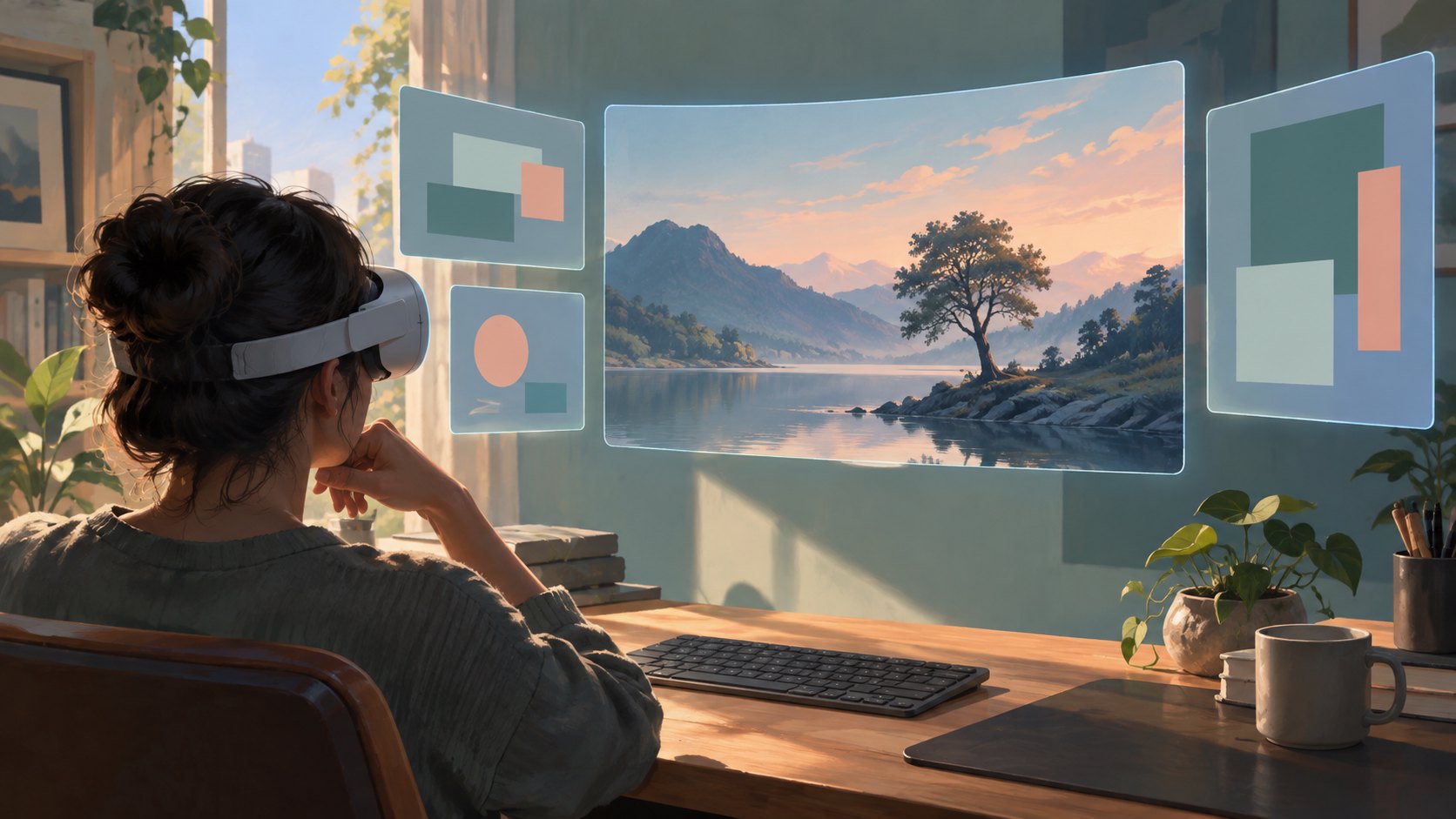 原創概念插畫:使用者戴著虛構VR眼鏡坐在書桌前,湖景主畫面旁浮現多個抽象視窗,呈現觀影與多工的拉扯。