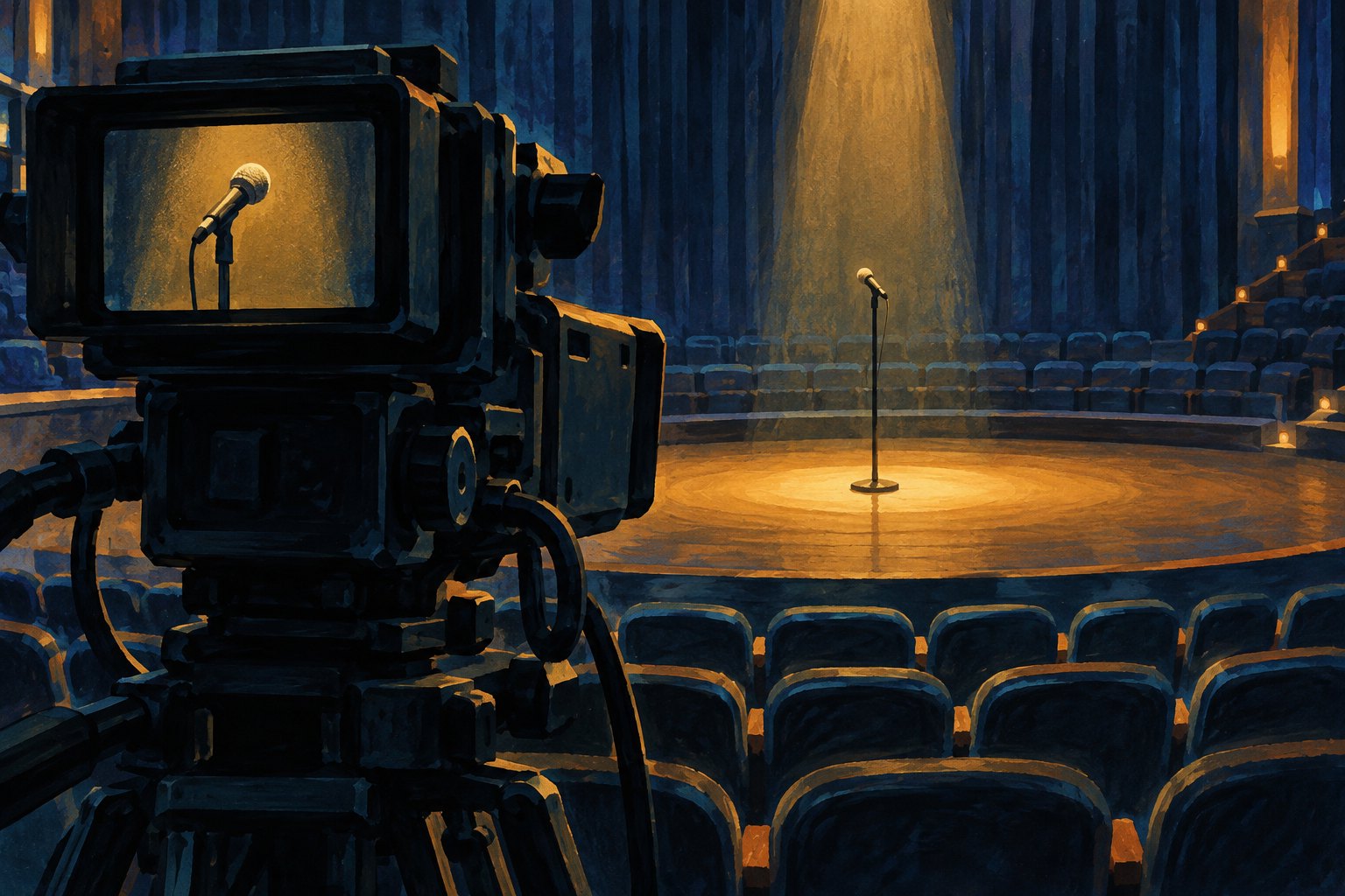 Conceptual illustration of a television camera framing an empty microphone on an amber-lit stage surrounded by blue audience seats.