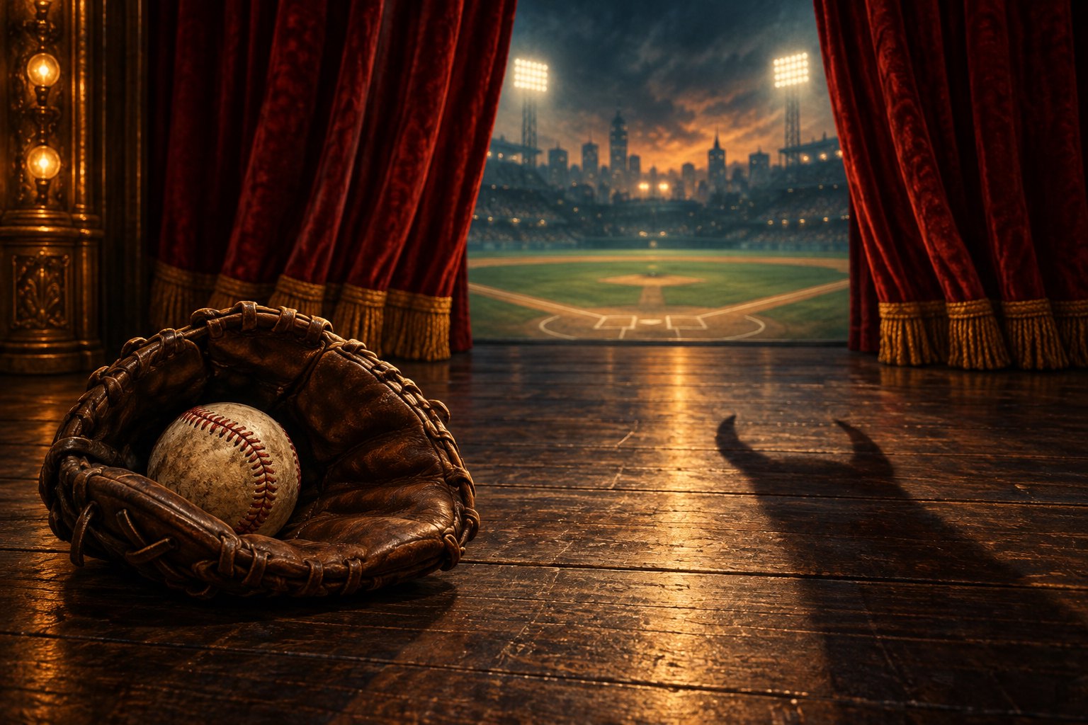 Conceptual illustration of a baseball and glove on a theater stage, with red curtains framing a ballpark and a horned shadow crossing the floor.