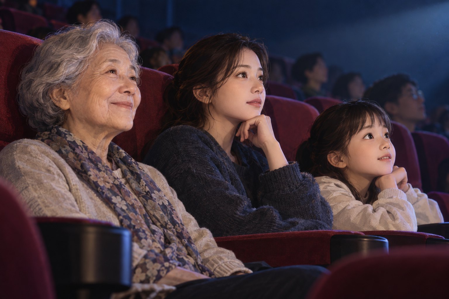 老人、年轻女性与孩子并排坐在影院中,带着不同神情专注观影,原创插画