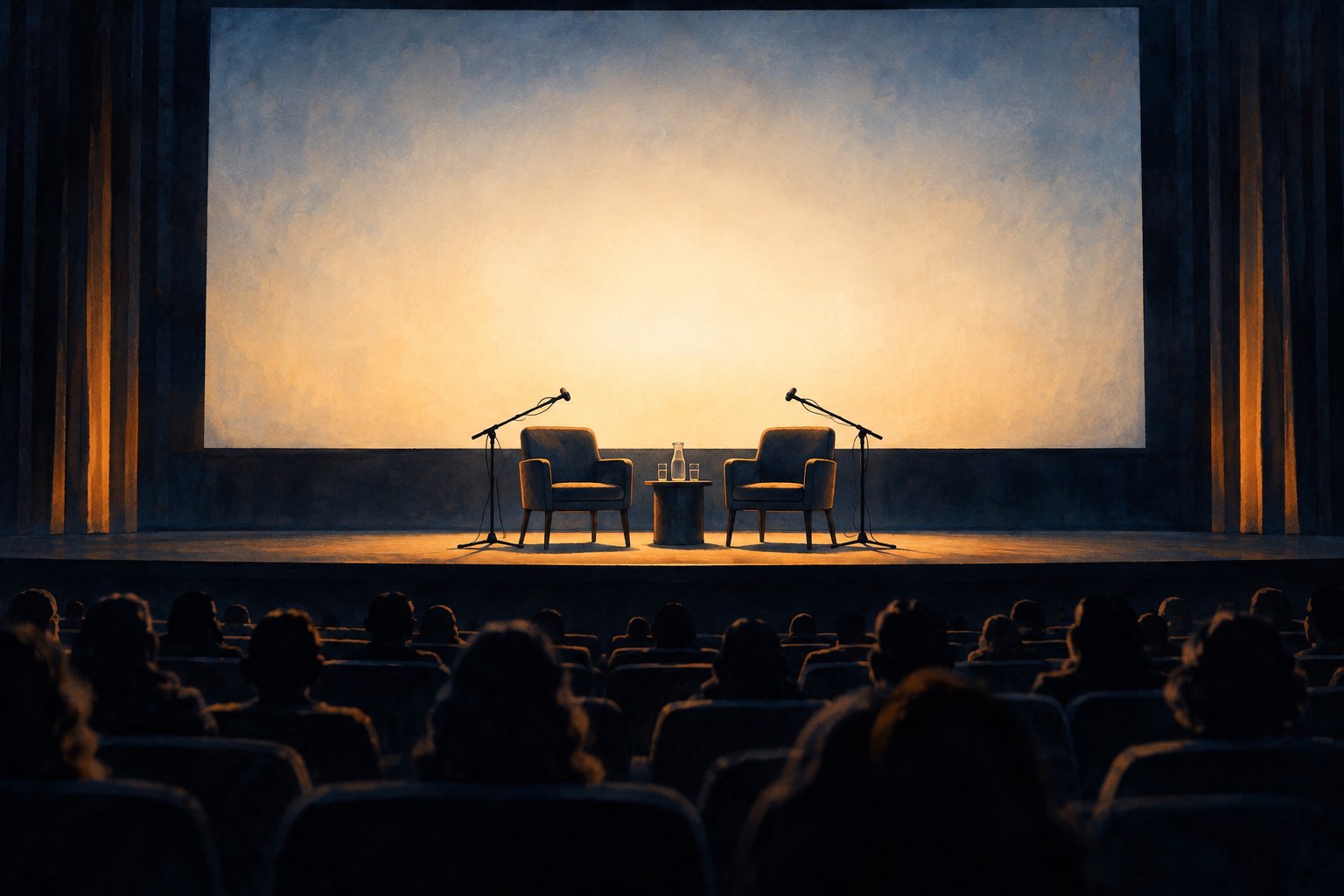 Conceptual illustration of two empty chairs and microphones on a cinema stage beneath a blank illuminated screen.