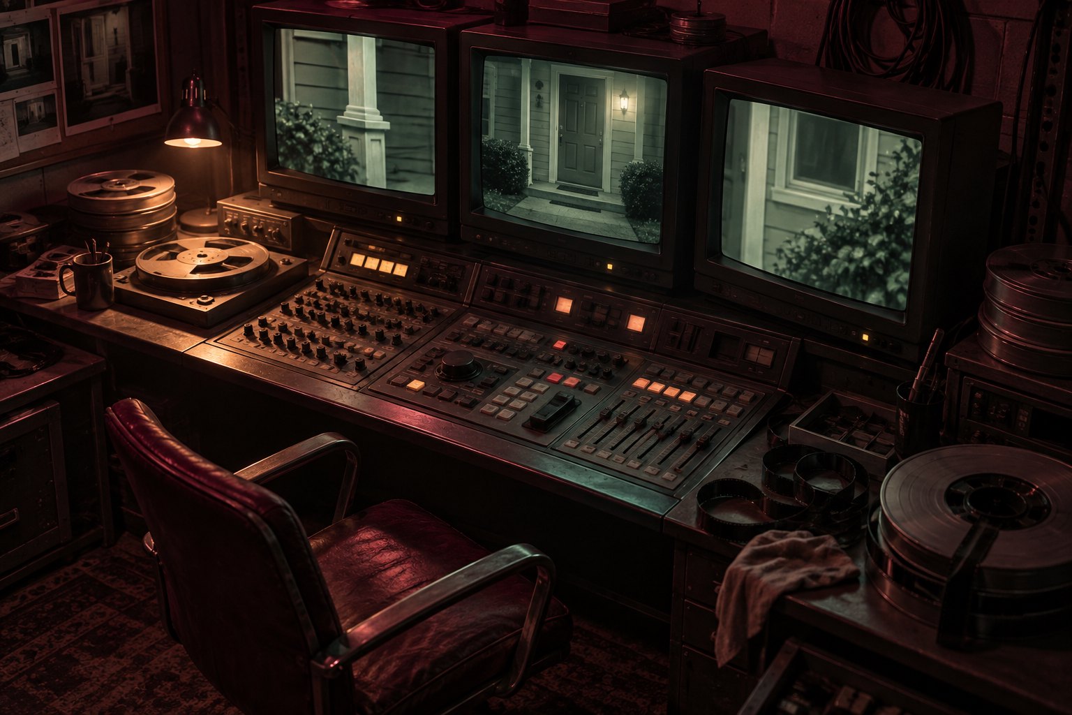 Editorial illustration of an empty television editing room with three monitors showing different views of a suburban doorway.